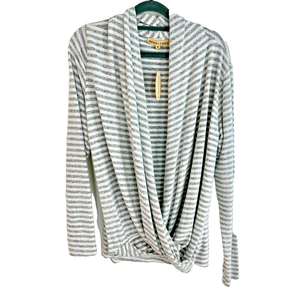 Mesh And Lace Women's Grey And White Striped Sweater Size Medium NWT soft knit